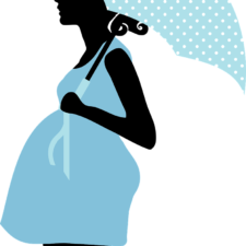 Illustration einer schwangeren Frau mit aufgespannten, gepunkteten Regenschirm