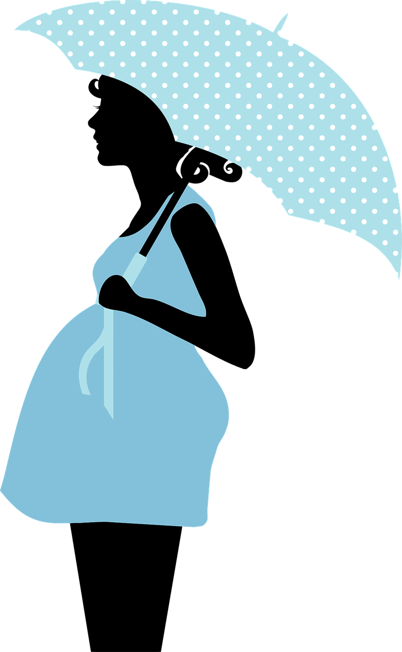 Illustration einer schwangeren Frau mit aufgespannten, gepunkteten Regenschirm