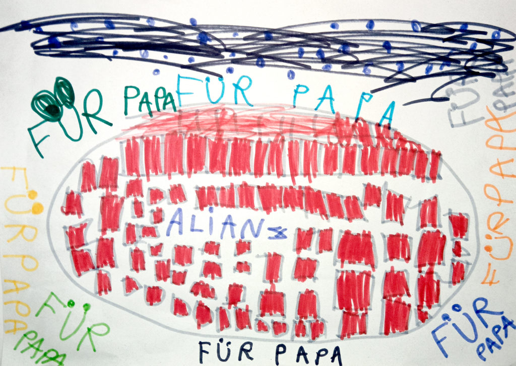 Kinderbild: die Allianz-Arena in München gemalt vom kleinen Lukas