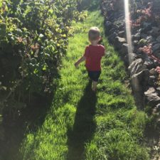 Sandras Sohn käuft in der Sonne durch den Garten nach einer glücklichen Schwangerschaft ohne Alkohol