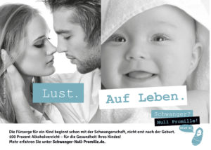 Bild von einem küssenden Paar neben Bild von einem Baby, dazu der Spruch Lust. Auf Leben."